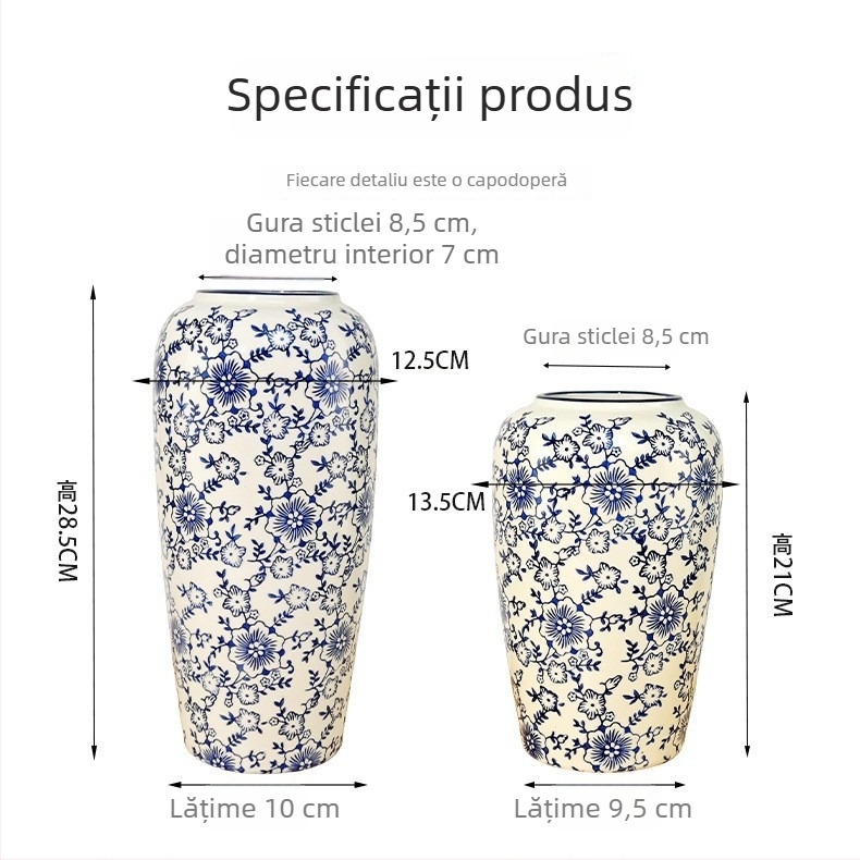 Vază din porțelan albastru‑alb în stil chinezesc, ceramică pentru aranjamente florale, decor pentru sufragerie și hol