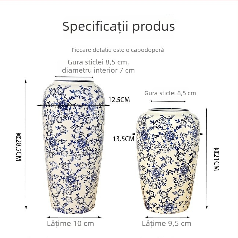 Vază din porțelan albastru‑alb în stil chinezesc, ceramică pentru aranjamente florale, decor pentru sufragerie și hol