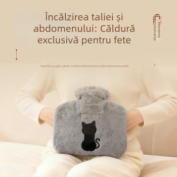Borcanel termic umplut cu apă, îngroșat, rezistent la explozie, pentru femei: încălzitor de mâini, compresie caldă, încălzire pentru abdomen și picioare, catifea imitatie iepure