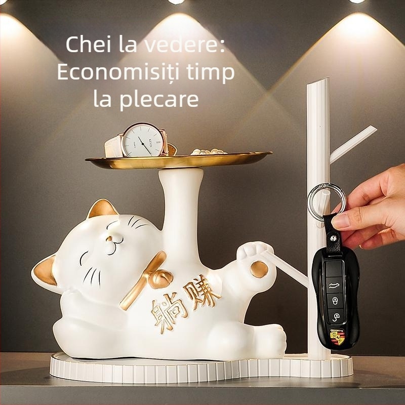 Pisică noroc ceramică: suport pentru chei la intrare, decor pentru hol și dulap pentru pantofi, cadou pentru mutare într-o casă nouă