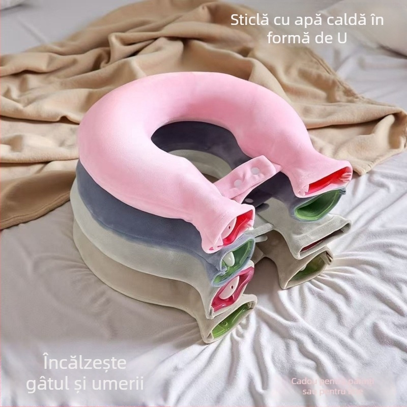 Sticlă de apă fierbinte în formă de U pentru zona cervicală, încălzire pentru umeri și gât, eșarfă pentru cap îngroșată