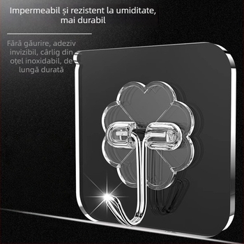 Set de 5 cârlige de perete adezive, transparente, fără găuri, rezistă 5–10 kg pe cârlig, design modern minimalist