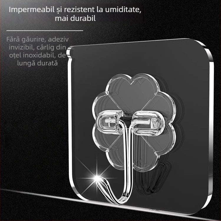 Set de 5 cârlige de perete adezive, transparente, fără găuri, rezistă 5–10 kg pe cârlig, design modern minimalist