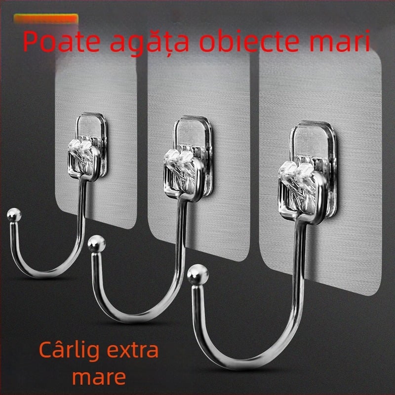 Cârlig din oțel inoxidabil, de dimensiuni mari, cu adeziv puternic, fără găuri, pentru haine peste ușă; pentru baie și bucătărie, cârlig lipit pe perete.