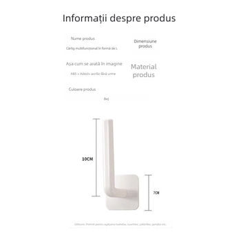 Cuier de perete cu bandă adezivă, fără găuri, ABS, un singur cârlig, design modern minimalist, încărcare de până la 10 kg, pentru bucătărie, dormitor și baie