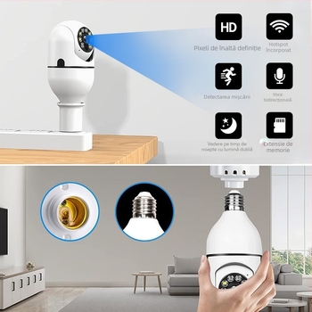 A6 Cameră lampă cu iluminare dublă, vizionare nocturnă în culori complete, E27, Wi-Fi, supraveghere pentru casă