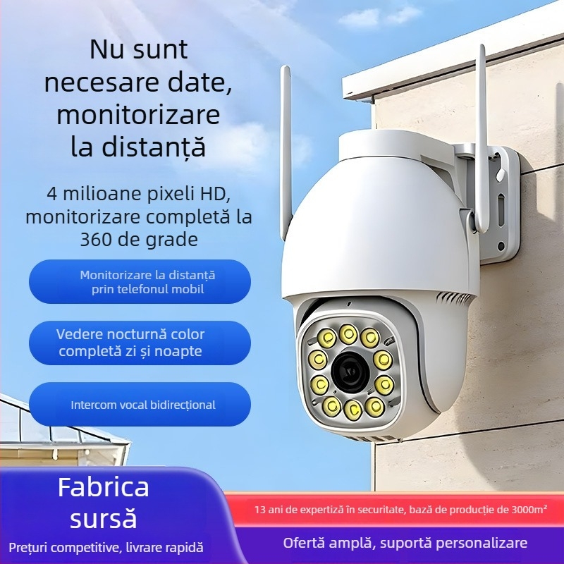 Cameră de supraveghere exterioară 360° cu viziune nocturnă, comunicare bidirecțională fără fir, urmărire a oamenilor, cameră kupol 4G pentru casă.