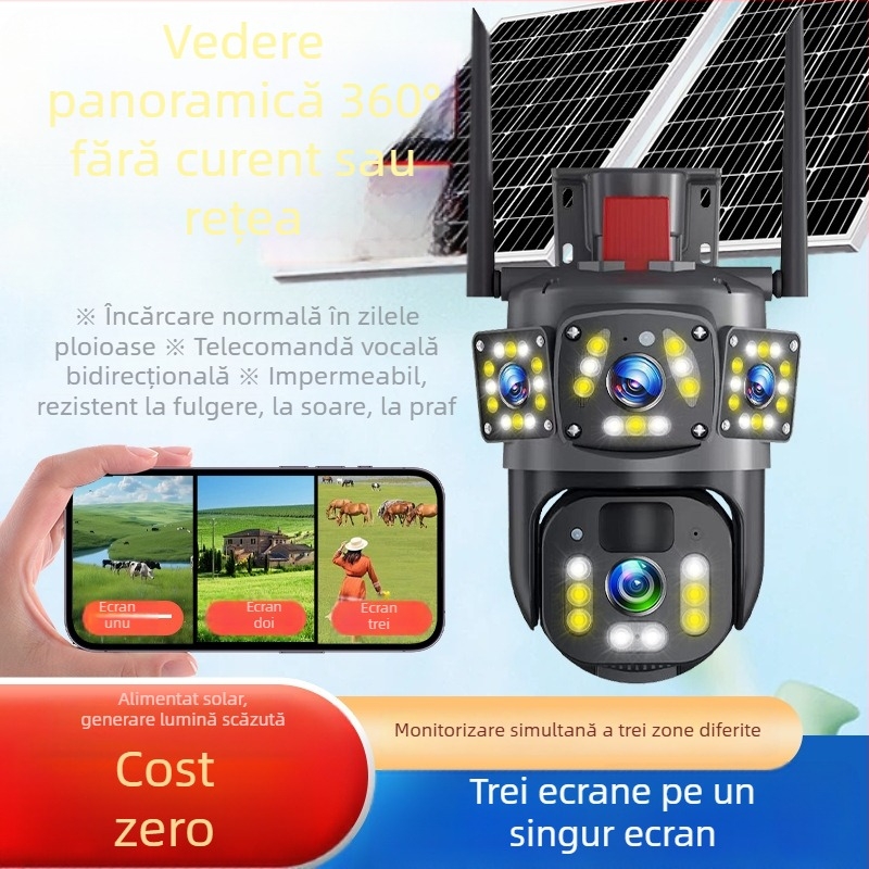 Cameră de supraveghere solară 4G, wireless, exterior, acces de la distanță prin telefon, HD pentru noapte, impermeabilă 360°