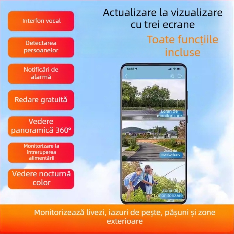 Cameră de supraveghere solară 4G, wireless, exterior, acces de la distanță prin telefon, HD pentru noapte, impermeabilă 360°