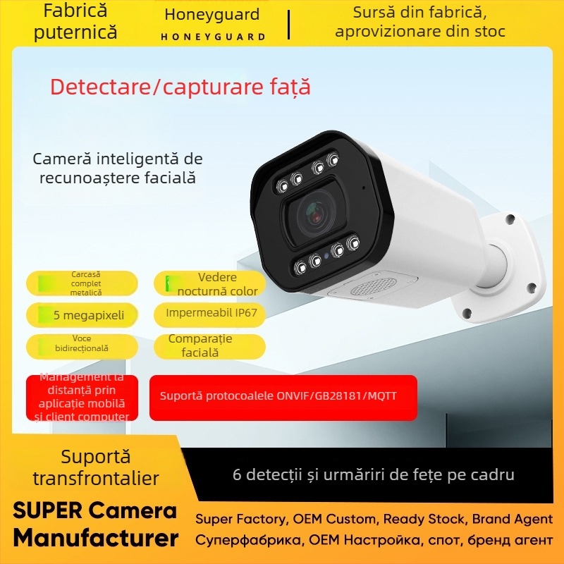 Cameră de recunoaștere facială cu deduplicare, analiză a fluxului de oameni și numărătoare, statistici în cloud, 5 MP industrial