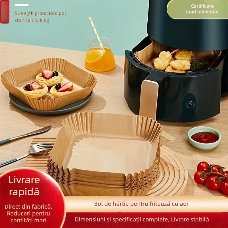 Hârtie de copt din silicon, de calitate alimentară, pentru friteuza cu aer – pentru pizza, prăjituri și pui prăjit; grosime dublă, tăvi rotunde și pătrate