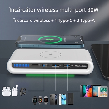 Încărcător wireless cu mai multe porturi, lumină ambientală, 30W încărcare rapidă, stație USB de încărcare pentru Apple și Huawei