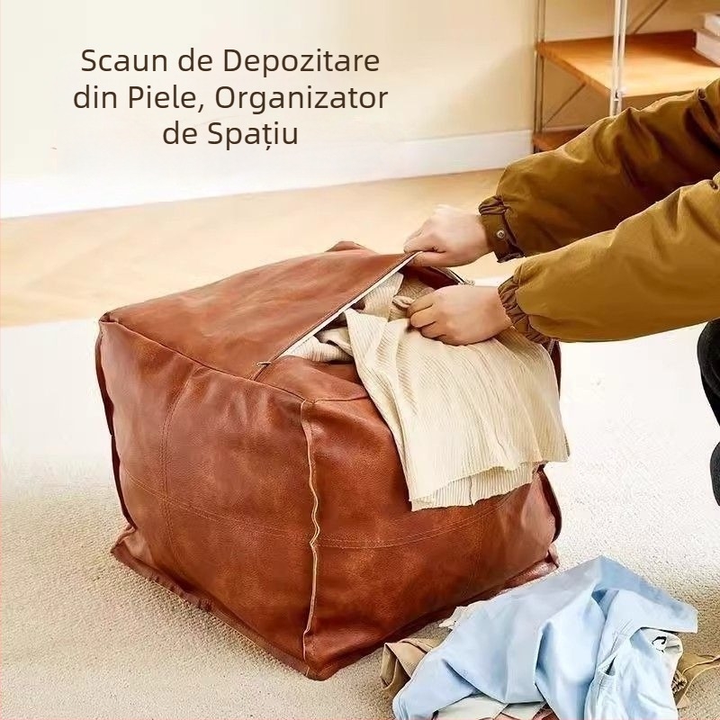Acoperire din piele pentru pouf, sac de depozitare pentru haine vechi, taburet scund pentru canapea, ottoman pentru living, fotoliu lângă fereastră