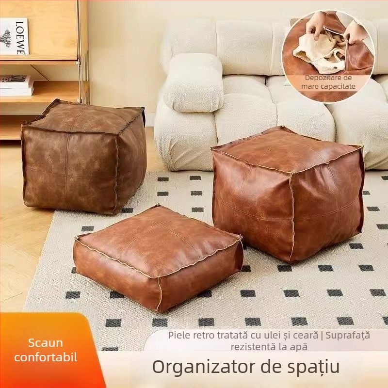 Acoperire din piele pentru pouf, sac de depozitare pentru haine vechi, taburet scund pentru canapea, ottoman pentru living, fotoliu lângă fereastră