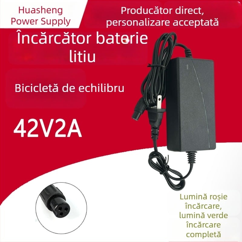 Încărcător pentru hoverboard 42V 2A, montat pe perete, indicator LED roșu/verde, conector aerian cu 3 pini, pentru baterii Li-ion