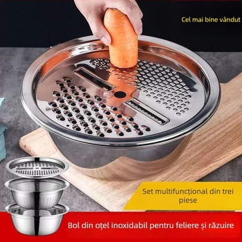 Tăietor de legume multifuncțional din oțel inoxidabil 304, set cu răzător și bol – trei piese pentru bucătărie