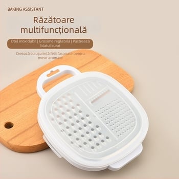 Dispozitiv multifuncțional pentru legume, cu tăietor, răzuitor și feliator, din oțel inoxidabil, manual