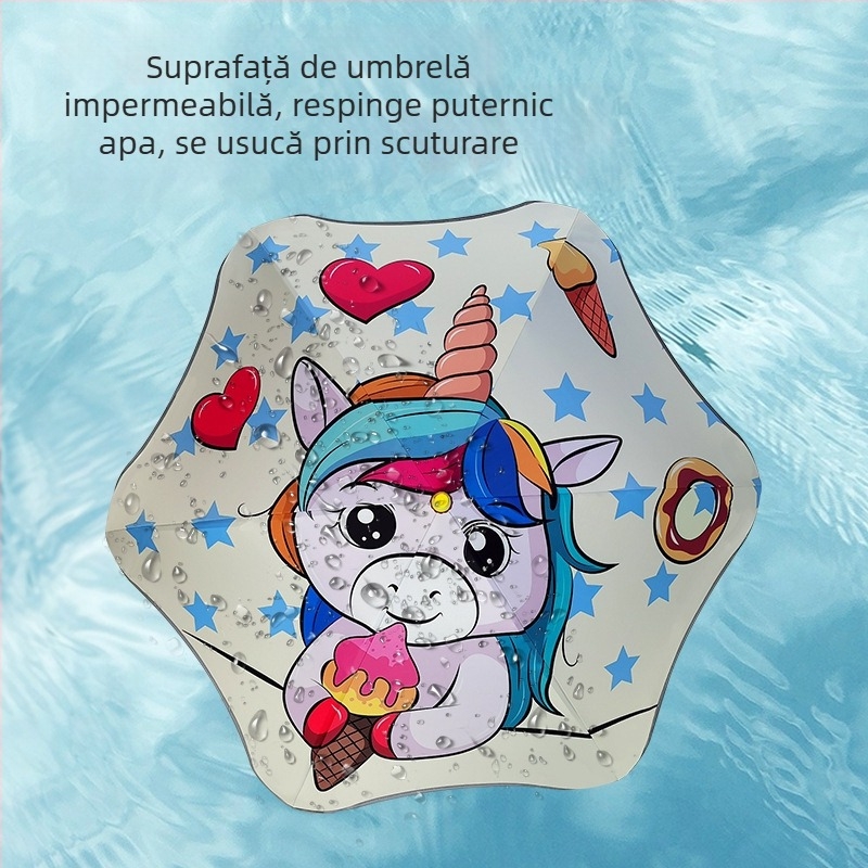 Umbrelă pentru copii cu LED – design cu desene animate drăguț, margini rotunjite, protecție împotriva înțepăturilor, umbrelă neagră din cauciuc, duală pentru soare și ploaie