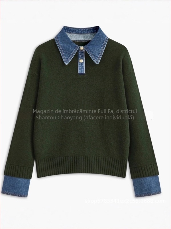 Pulover tricotat pentru femei, cu panouri denim și guler polo, aspect de două părți, croială lejeră, toamnă-iarnă
