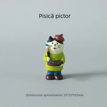 Pisică artist japonez în stil pictor — figurină decorativă din rășină pentru birou