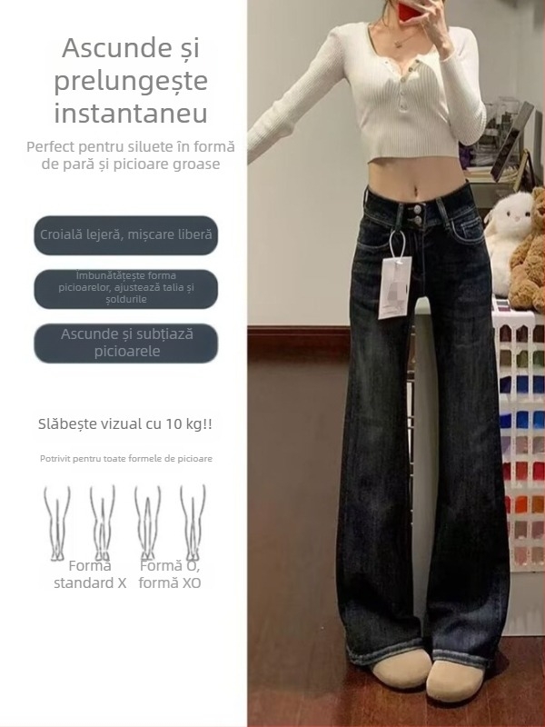 Jeans pentru femei, stil retro american, elastici, ușor evazați, talie înaltă, denim, pentru siluete pară și măr, toamnă-iarnă