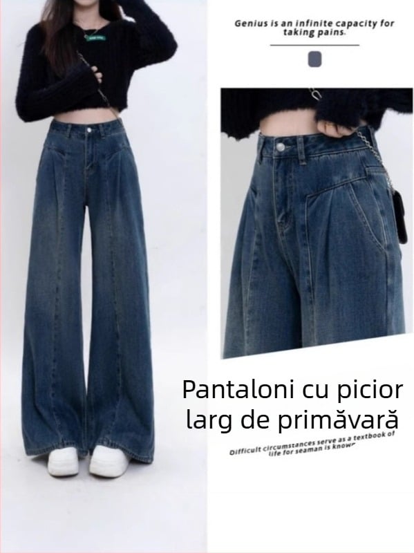 2025 Jeansi din denim închis la culoare, talie înaltă, croială amplă, lejer, până la podea, stil retro pentru femei