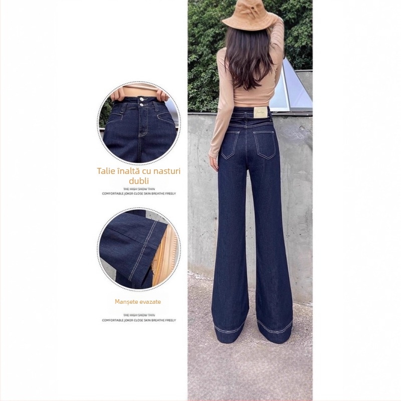 Blugi de damă evazați din denim, croială largă, lungi până la podea, talie înaltă, căptușiți cu fleece, albastru închis, toamnă–iarnă 2025.
