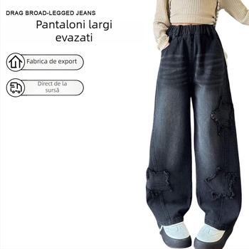 Blugi negri de dama din denim, talie înaltă, largi, tiv franjat, design cu stea, lungi până la podea.