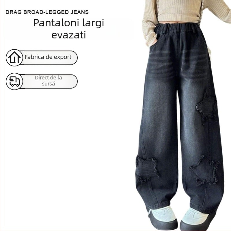 Blugi negri de dama din denim, talie înaltă, largi, tiv franjat, design cu stea, lungi până la podea.