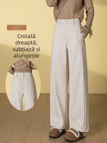 Jeans pentru femei, bleumarin închis, talie înaltă, croială largă, efect drapat, patchwork, croi lejer drept, lungime până la podea, primăvara 2026