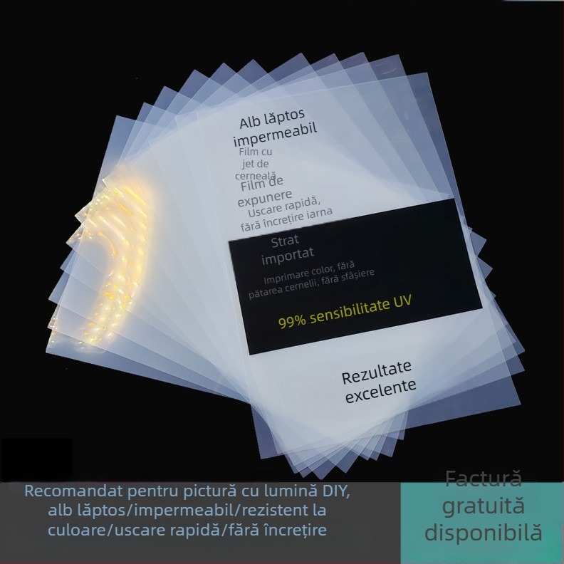 Film transparent alb lăptos, rezistent la apă pentru imprimare cu jet de cerneală, realizarea plăcilor și imprimare serigrafică