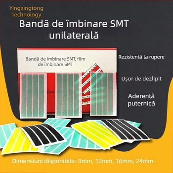 Bandă SMT antistatice, film de lipire dublu-adeziv pe bază PET, lățime 8 mm, grosime 0,5 mm, adeziv PU, interval -20 până la 80 °C, folie de detașare
