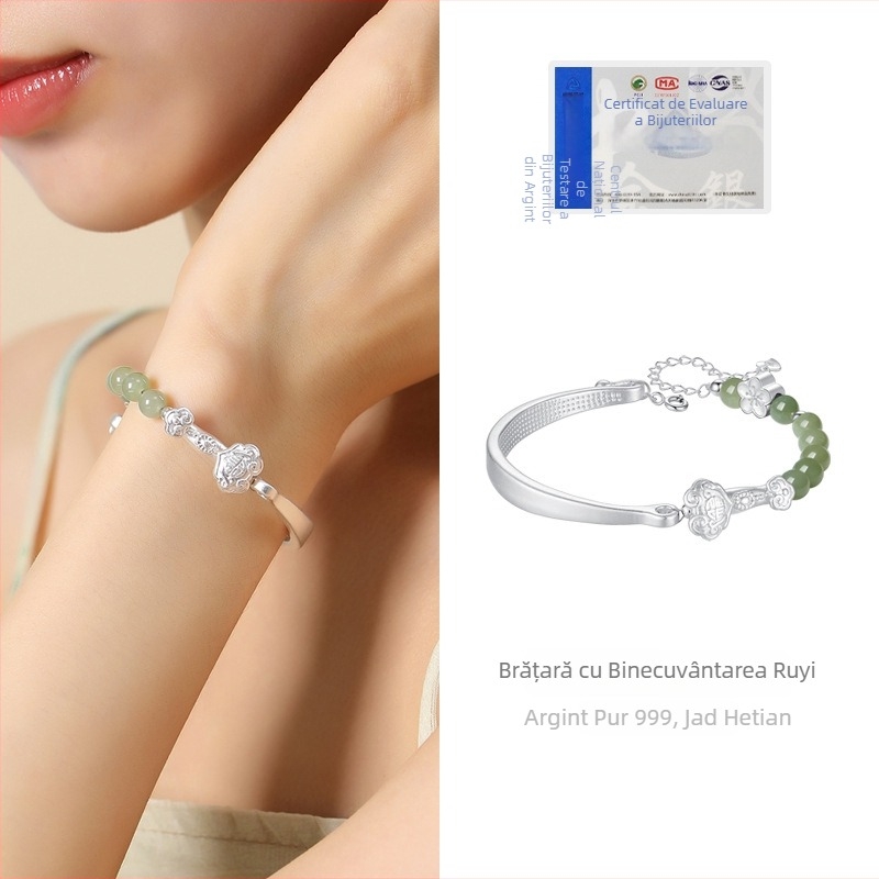 Brățară din argint 999 cu jad Hetian natural, design Ruyi, bijuterie elegantă pentru femei în stil chinezesc nou