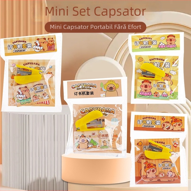 Set mini capsator ergonomic, desen animat, folosește agrafe Nr. 10