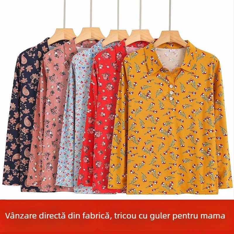 Tricou de damă cu guler rever și mânecă lungă, imprimeu floral, croială lejeră, primăvară-vară, Milk Silk