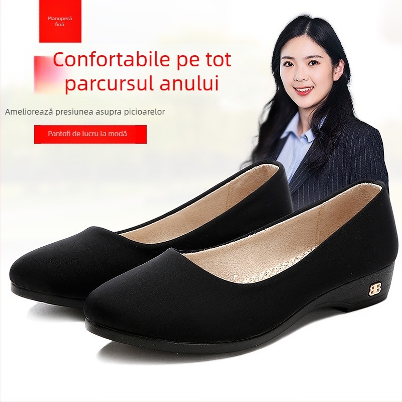 Pantofi de damă din material textil, talpă moale, respirabili, fără șireturi, negri, pentru birou, confort pe tot parcursul zilei, toc plat