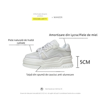 Pantofi casual din piele naturală cu talpă groasă pentru femei de înălțime redusă, adidași albi din piele, stil vintage, respirabili