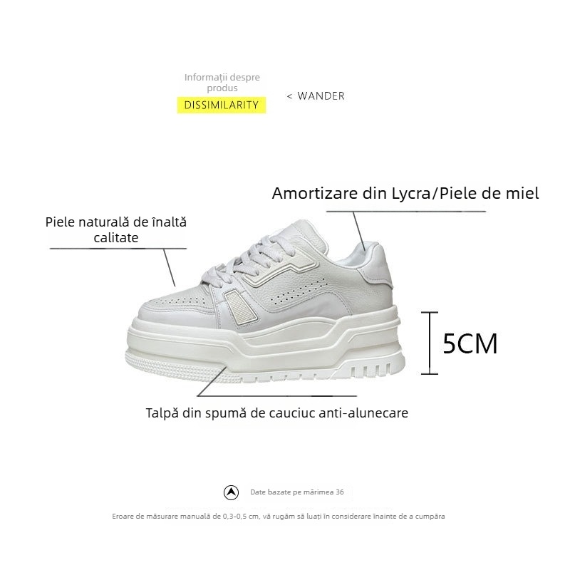 Pantofi casual din piele naturală cu talpă groasă pentru femei de înălțime redusă, adidași albi din piele, stil vintage, respirabili