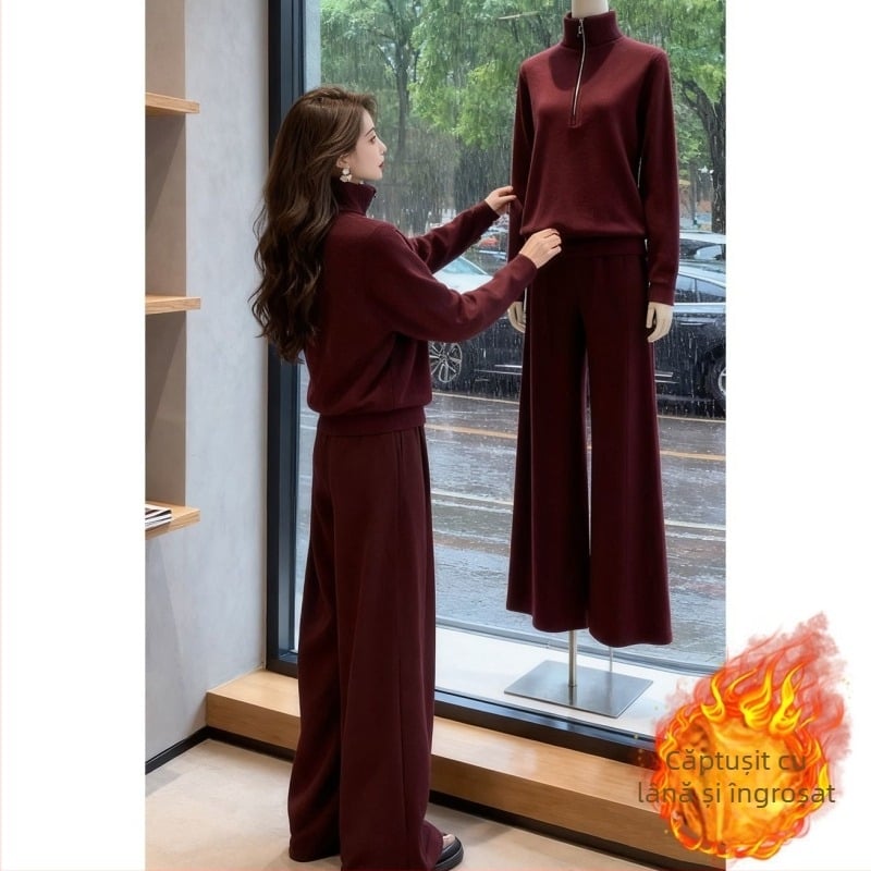 Set de două piese pentru femei, toamnă–iarnă, stil casual european, hanorac căptușit cu fleece și pantaloni cu croială largă