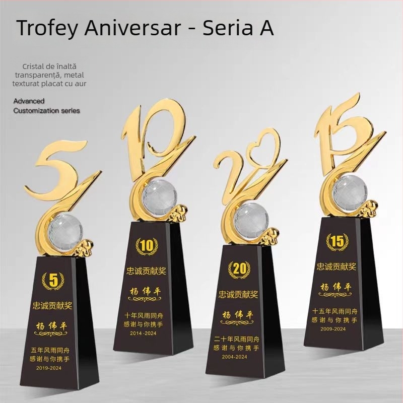 Trofeu din cristal pentru a 10-a aniversare, cu design personalizat al plăcii comemorative și gravare cu laser