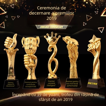 Trofeu din cristal-rezină cu stea cu cinci colțuri placată cu aur, gravură personalizată și imprimare de logo, pentru premii anuale.