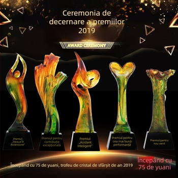 Trofeu din cristal-rezină cu stea cu cinci colțuri placată cu aur, gravură personalizată și imprimare de logo, pentru premii anuale.