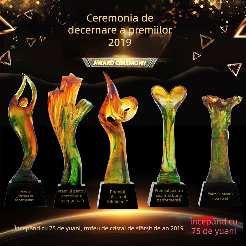 Trofeu din cristal-rezină cu stea cu cinci colțuri placată cu aur, gravură personalizată și imprimare de logo, pentru premii anuale.