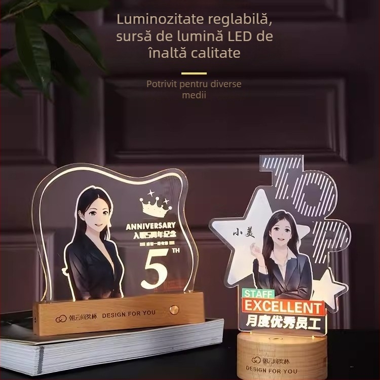Trofeu din cristal cu bază din lemn, medalie luminoasă, premiu de excelență pentru angajat excepțional
