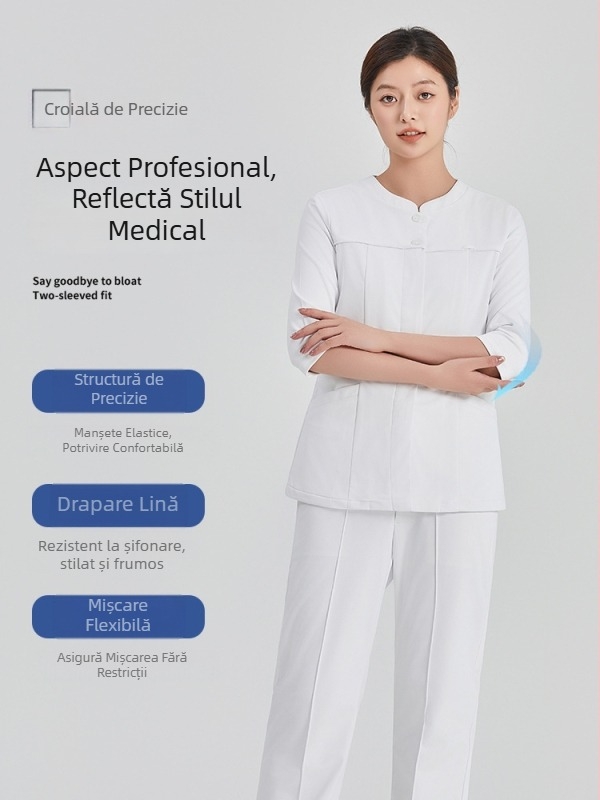 Dishan halat medical alb premium cu manșete 3/4 pentru medici, asistenți medicali și farmaciști