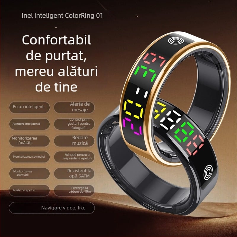 Colorring01 Inel inteligent cu afișaj, monitorizare ritm cardiac, oxigen în sânge și somn, impermeabil