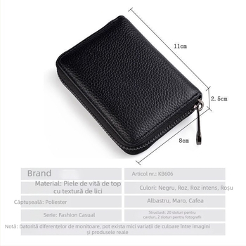 Portcard din piele naturală, compact, anti-magnetic, pentru carduri și ID, unisex