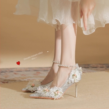 86111 Pantofi de mireasă din piele de oaie, cu toc înalt stil stilett, floare dantelată cu perle, bretea simplă, model 2025
