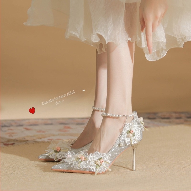 86111 Pantofi de mireasă din piele de oaie, cu toc înalt stil stilett, floare dantelată cu perle, bretea simplă, model 2025
