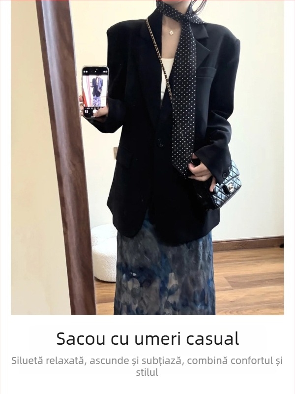 Sacou negru pentru femei, primăvară–toamnă 2026, croială lejeră, umeri drepți, sacou de costume, stil coreean, modă de înaltă clasă